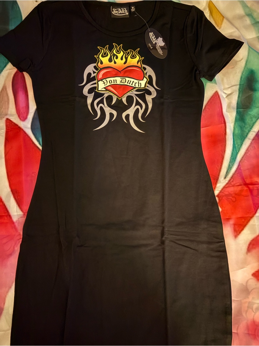 Von Dutch Black Tee Midi Dress with Red and Yellow Heart Flame Graphic
